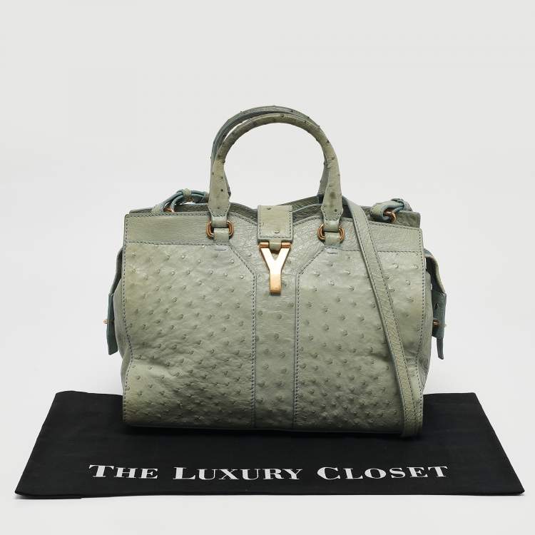 Pre Owned Yves Saint Laurent Light Green Ostrich Leather Small Ligne Y Cabas Chyc Tote