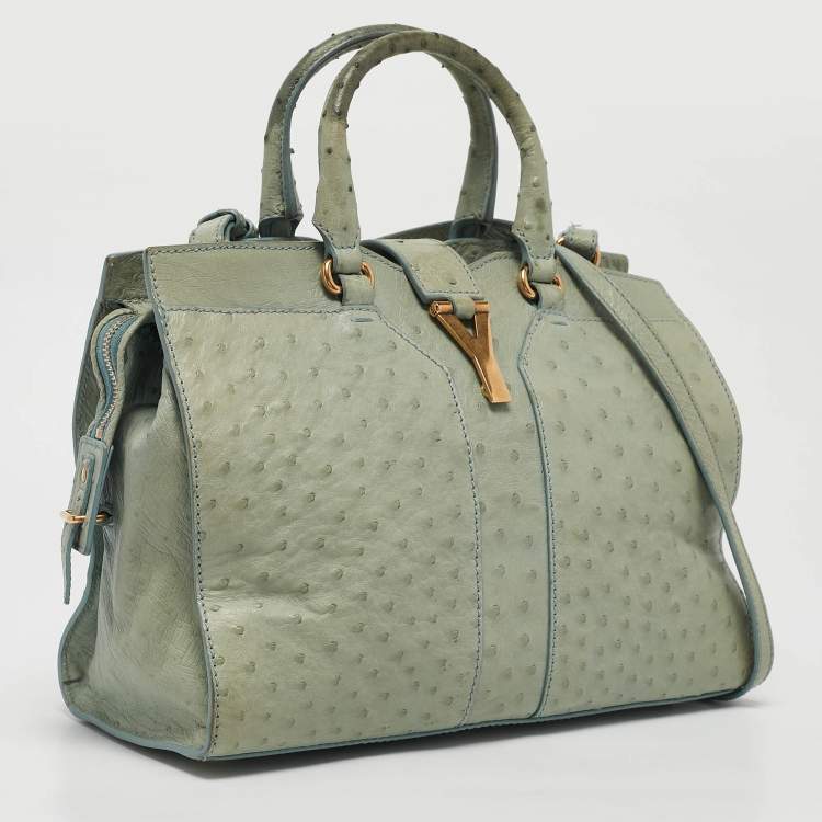 Pre Owned Yves Saint Laurent Light Green Ostrich Leather Small Ligne Y Cabas Chyc Tote