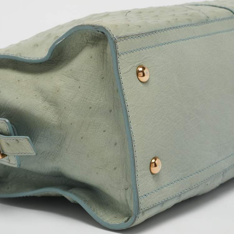 Pre Owned Yves Saint Laurent Light Green Ostrich Leather Small Ligne Y Cabas Chyc Tote