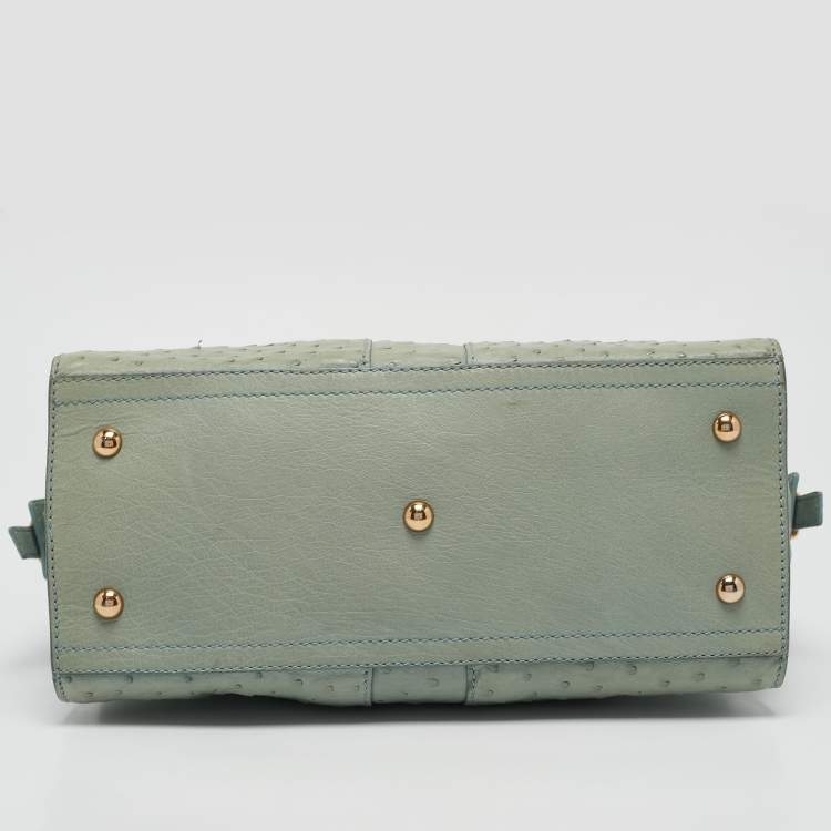 Pre Owned Yves Saint Laurent Light Green Ostrich Leather Small Ligne Y Cabas Chyc Tote