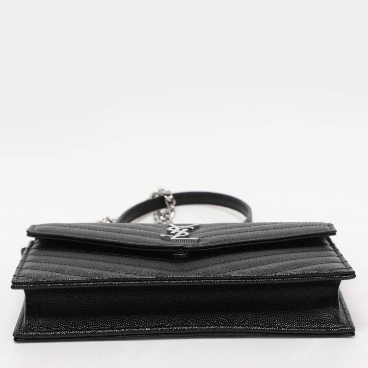 Pre Owned Saint Laurent Black Cassandre Matelassé Leather Wallet On Chain