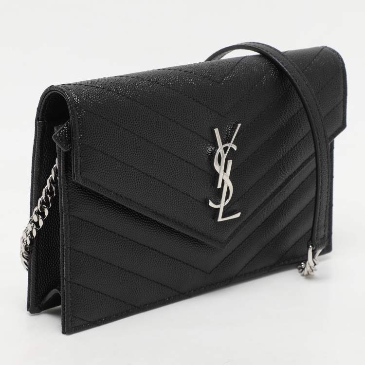 Pre Owned Saint Laurent Black Cassandre Matelassé Leather Wallet On Chain