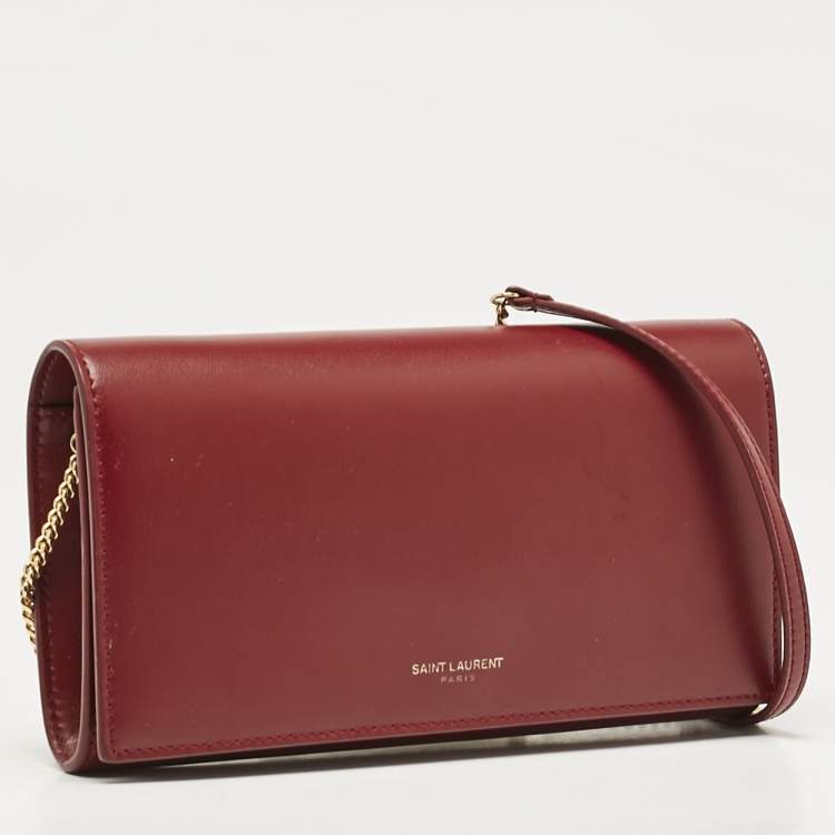 Pre Owned Saint Laurent Red Leather Marquage Flap Wallet On Chain