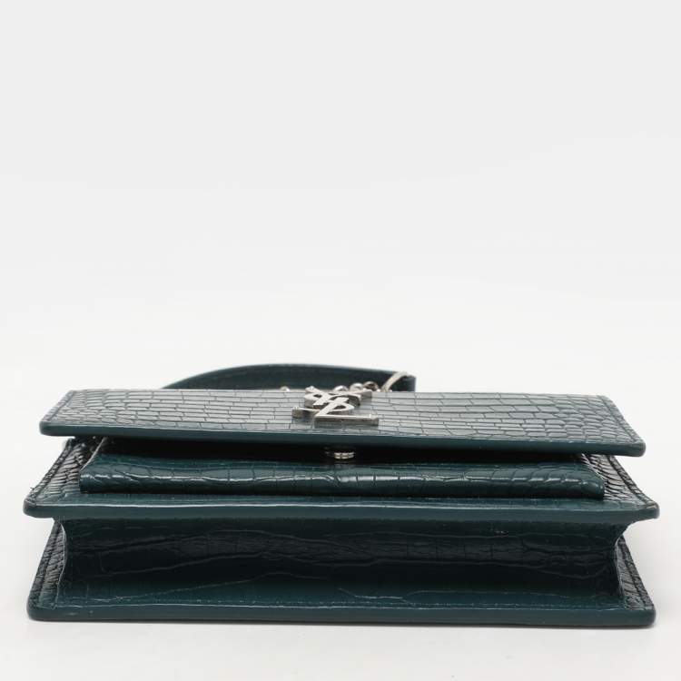 Pre Owned Saint Laurent Paris Green Croc Embossed Leather Sunset Crossbody Bag