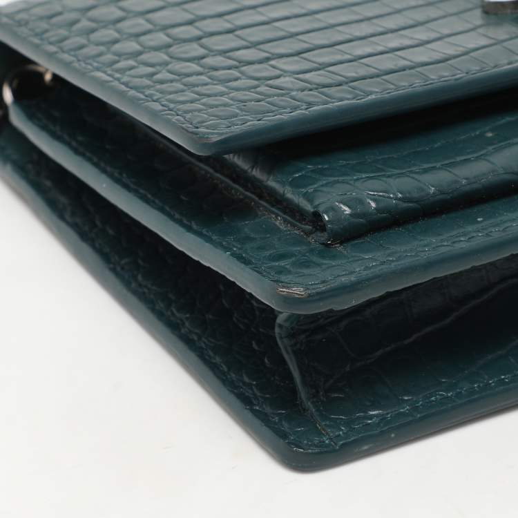 Pre Owned Saint Laurent Paris Green Croc Embossed Leather Sunset Crossbody Bag