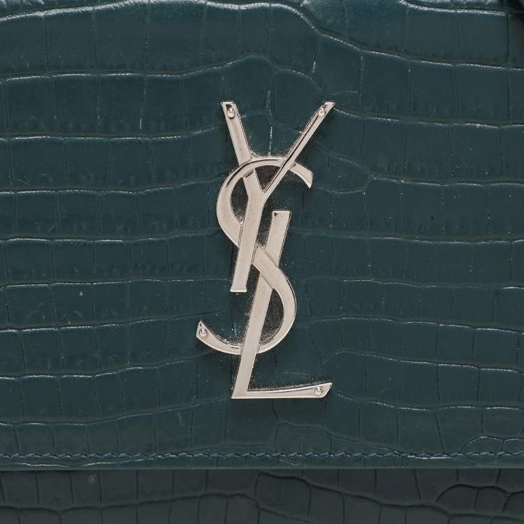 Pre Owned Saint Laurent Paris Green Croc Embossed Leather Sunset Crossbody Bag