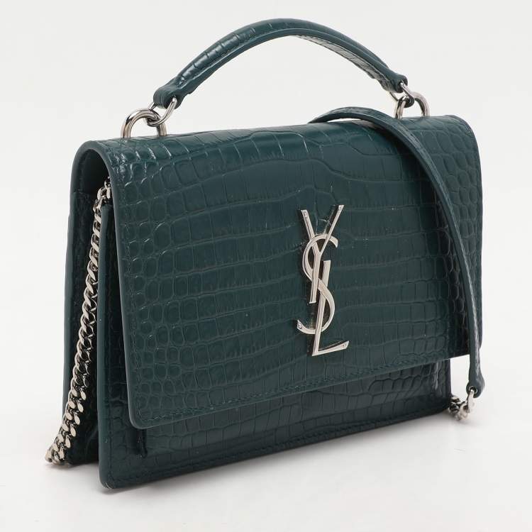 Pre Owned Saint Laurent Paris Green Croc Embossed Leather Sunset Crossbody Bag