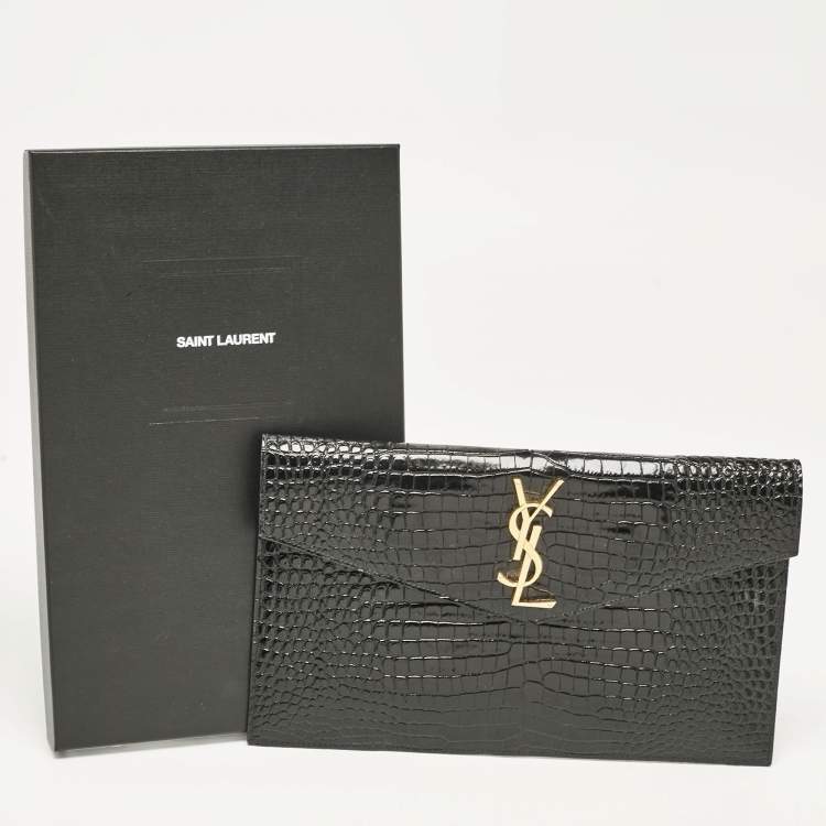 مملوكة مسبقًا Saint Laurent Black Croc Embossed Leather Uptown Clutch