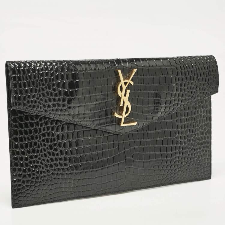 مملوكة مسبقًا Saint Laurent Black Croc Embossed Leather Uptown Clutch