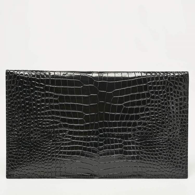 مملوكة مسبقًا Saint Laurent Black Croc Embossed Leather Uptown Clutch