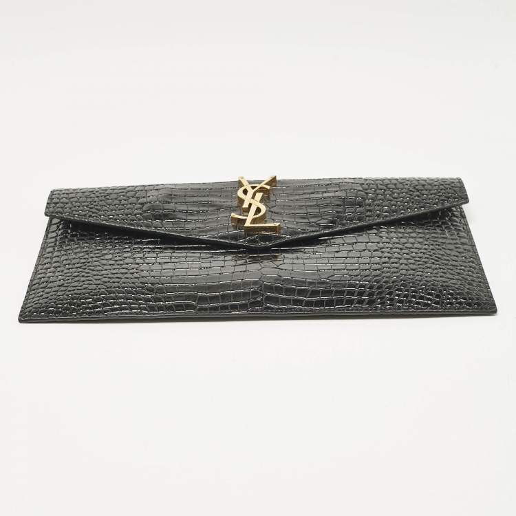 مملوكة مسبقًا Saint Laurent Black Croc Embossed Leather Uptown Clutch