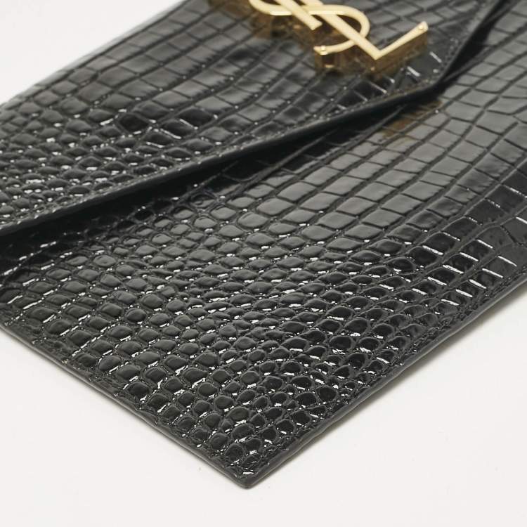 مملوكة مسبقًا Saint Laurent Black Croc Embossed Leather Uptown Clutch