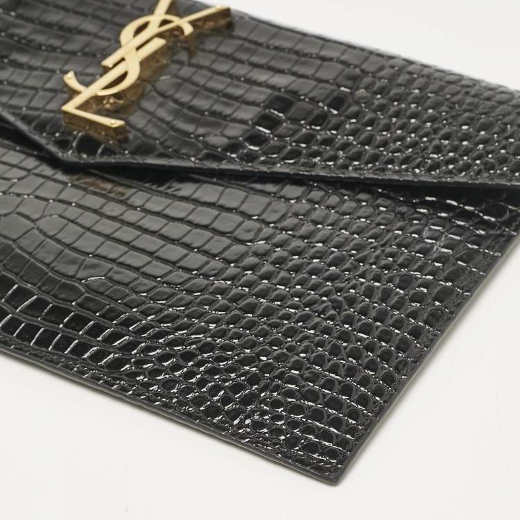 مملوكة مسبقًا Saint Laurent Black Croc Embossed Leather Uptown Clutch