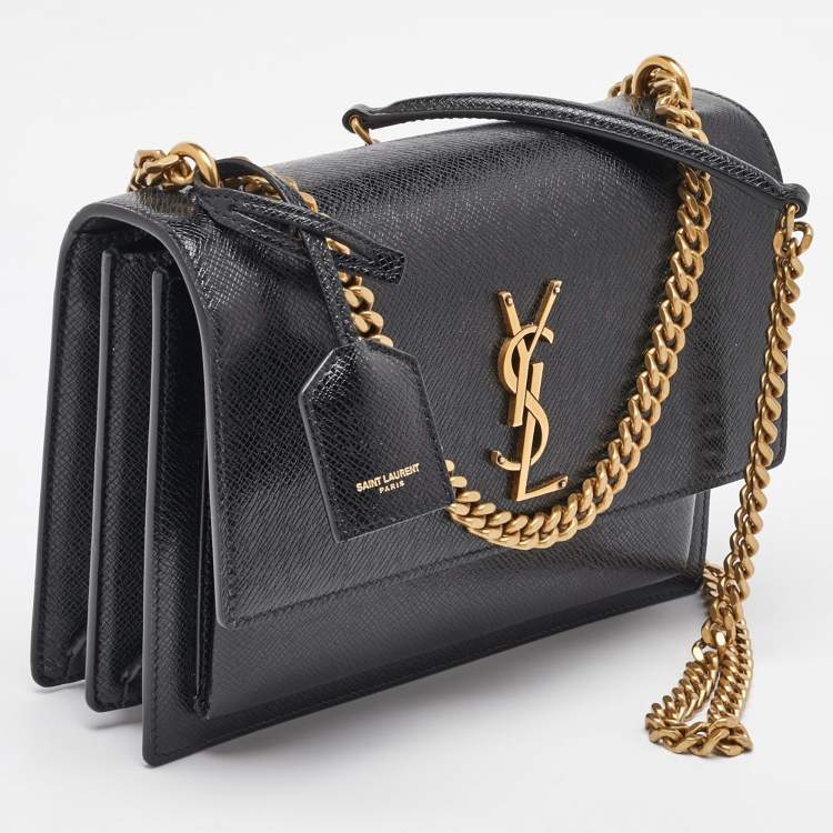 Pre Owned Saint Laurent Black Leather Medium Sunset Flap Shoulder Bag