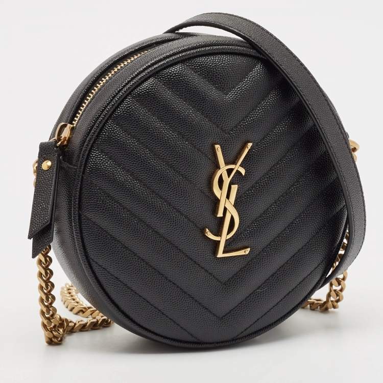 Pre Owned Saint Laurent Black Quilted Leather Monogram Round Chain Bag