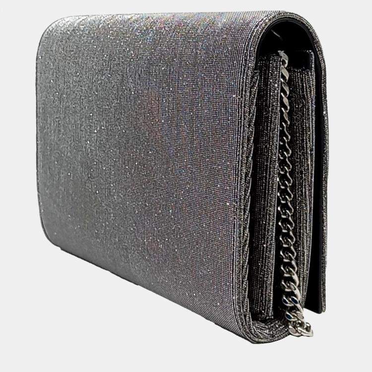 Pre Owned Saint Laurent Paris Silver Fabric Saint Laurent Paris Silver Monogram Chain Crossbody Bag