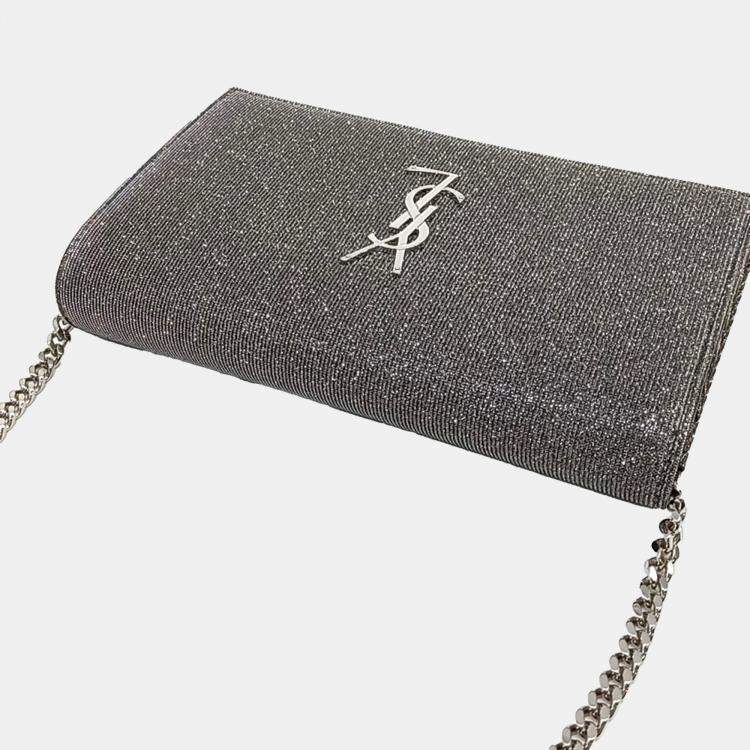 Pre Owned Saint Laurent Paris Silver Fabric Saint Laurent Paris Silver Monogram Chain Crossbody Bag