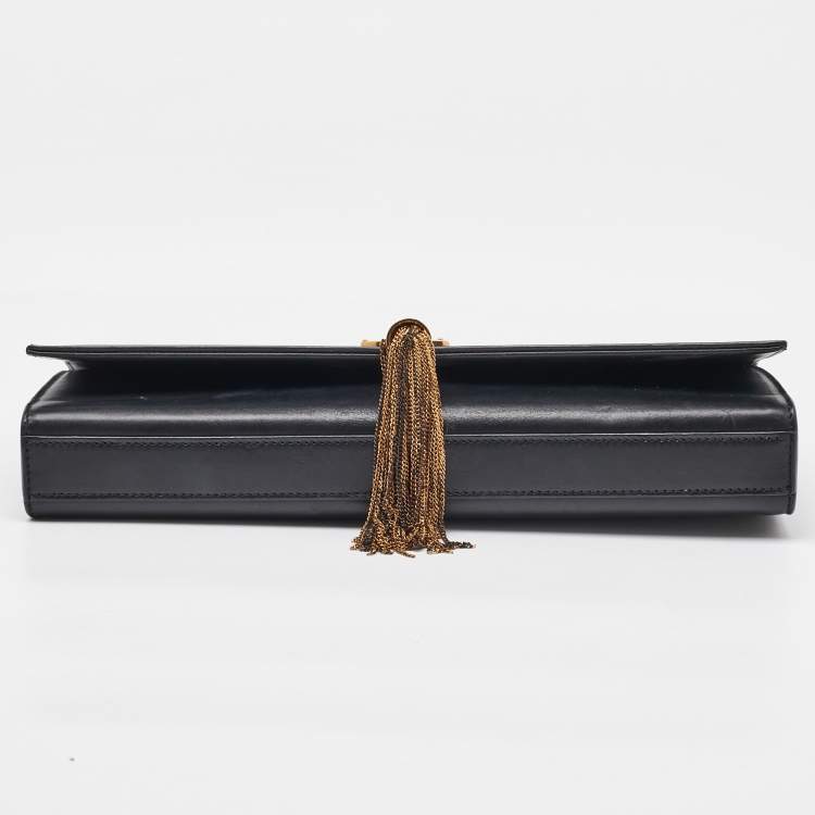 Pre Owned Saint Laurent Black Leather Cassandre Tassel Flap Clutch