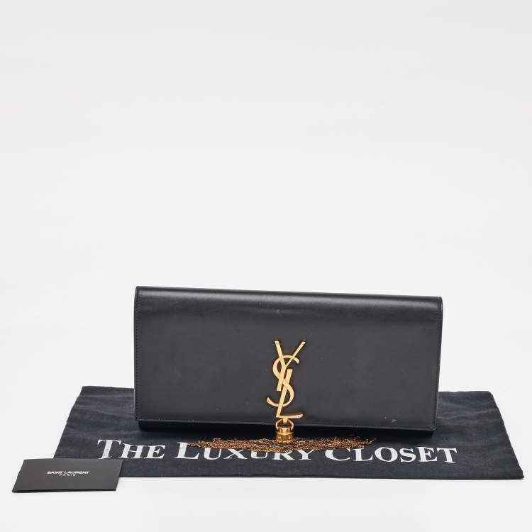 Pre Owned Saint Laurent Black Leather Cassandre Tassel Flap Clutch