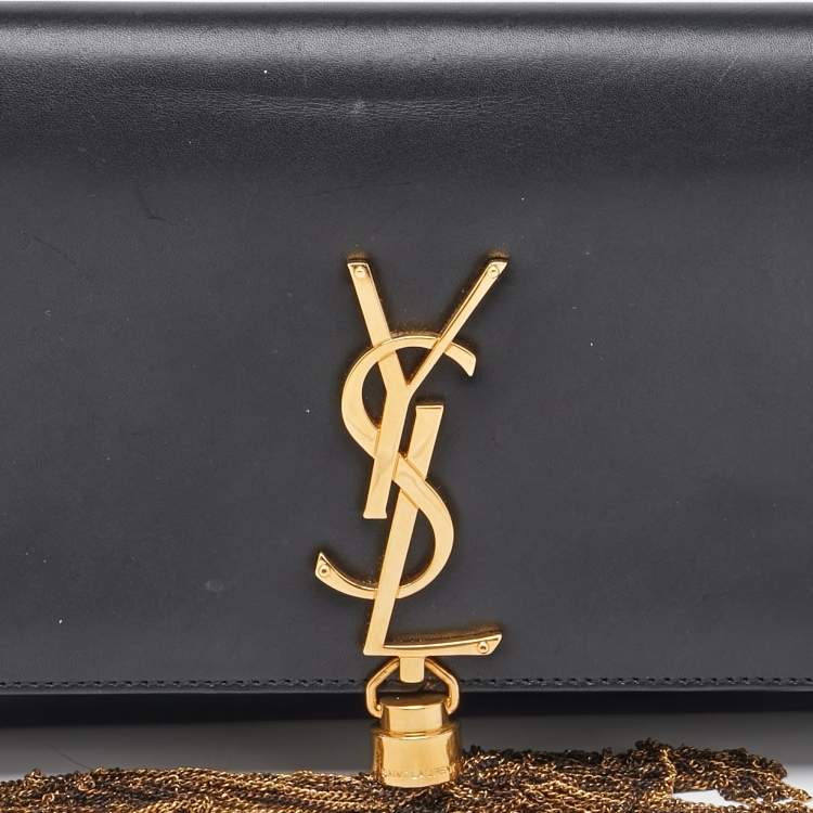 Pre Owned Saint Laurent Black Leather Cassandre Tassel Flap Clutch
