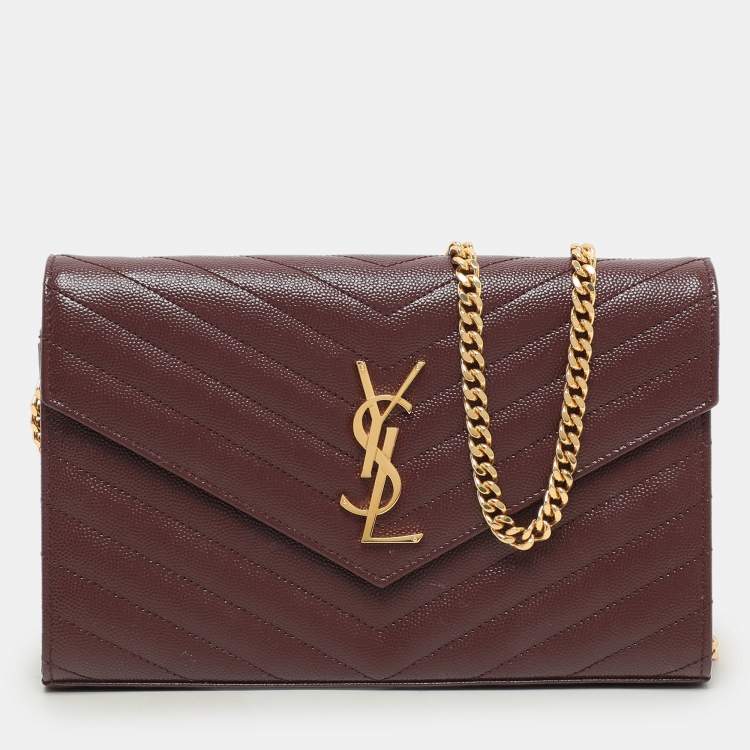 مملوكة مسبقًا Saint Laurent Burgundy Matelassé Leather Cassandre Envelope Wallet on Chain