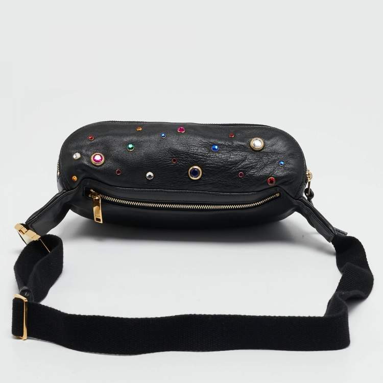 Pre Owned Saint Laurent Black Leather Crystal Embellished Monogram Belt Bag