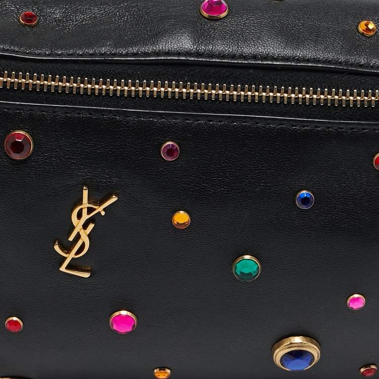 Pre Owned Saint Laurent Black Leather Crystal Embellished Monogram Belt Bag