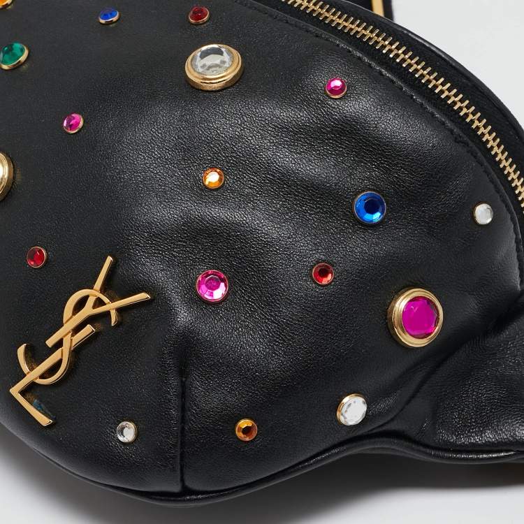 Pre Owned Saint Laurent Black Leather Crystal Embellished Monogram Belt Bag