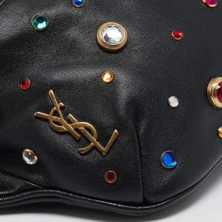 Pre Owned Saint Laurent Black Leather Crystal Embellished Monogram Belt Bag