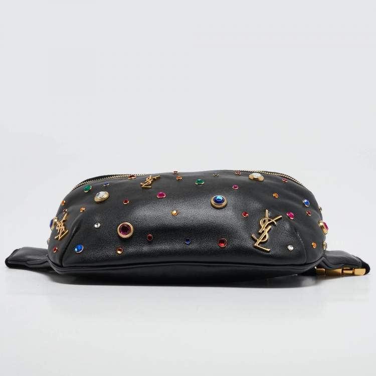 Pre Owned Saint Laurent Black Leather Crystal Embellished Monogram Belt Bag