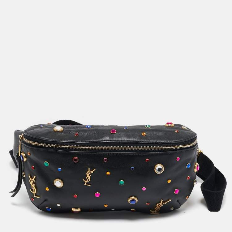 Pre Owned Saint Laurent Black Leather Crystal Embellished Monogram Belt Bag