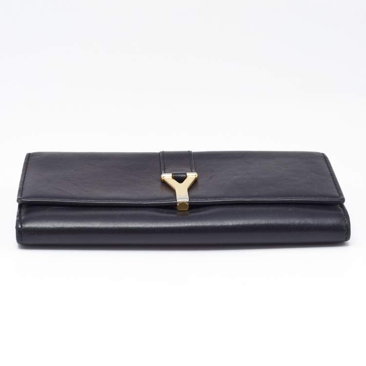 Pre Owned Saint Laurent Black Leather Y-Ligne Flap Continental Wallet
