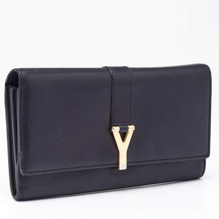 Pre Owned Saint Laurent Black Leather Y-Ligne Flap Continental Wallet