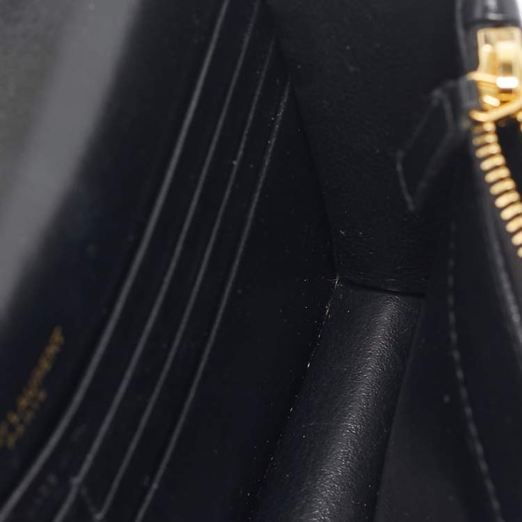 Pre Owned Saint Laurent Black Matelassé Leather Cassandre Envelope Wallet on Chain