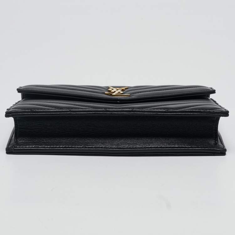 Pre Owned Saint Laurent Black Matelassé Leather Cassandre Envelope Wallet on Chain