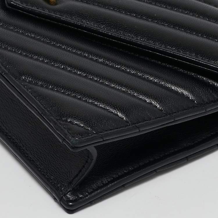 Pre Owned Saint Laurent Black Matelassé Leather Cassandre Envelope Wallet on Chain