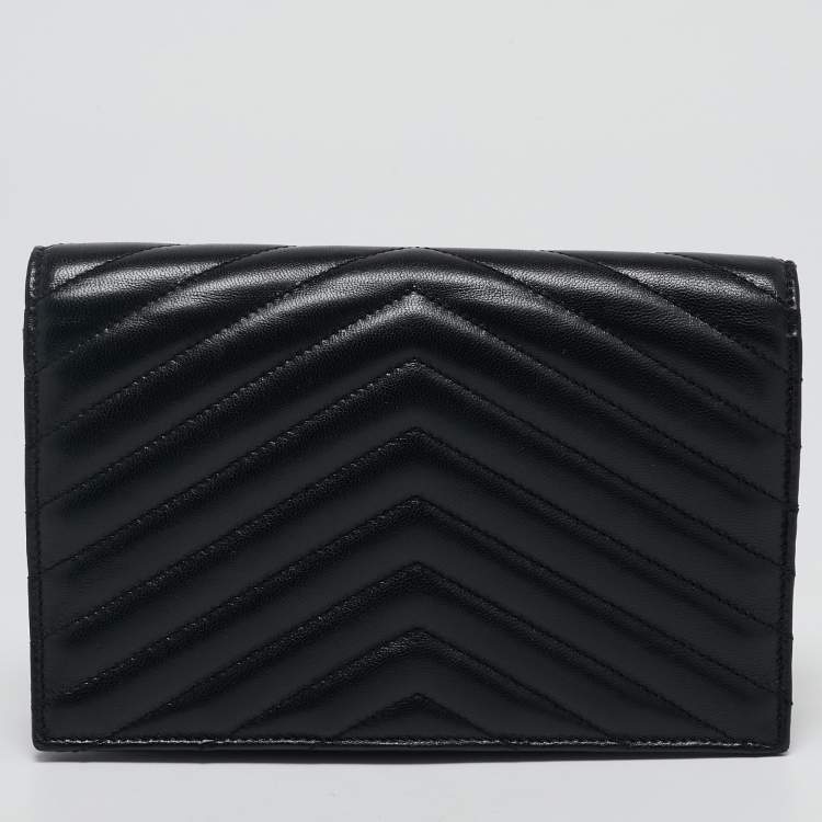 Pre Owned Saint Laurent Black Matelassé Leather Cassandre Envelope Wallet on Chain
