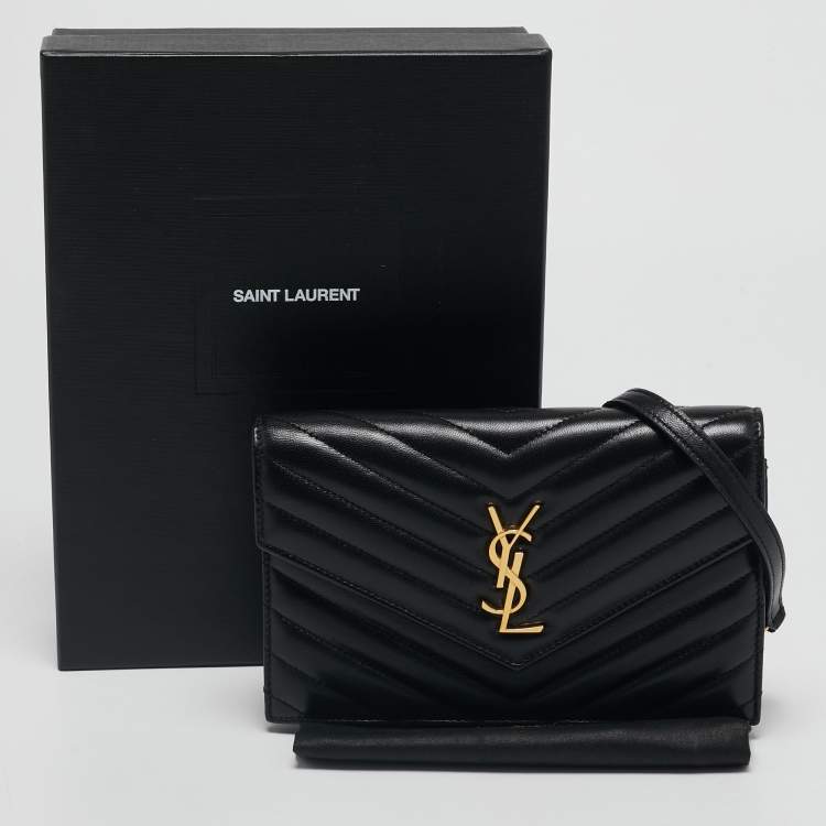Pre Owned Saint Laurent Black Matelassé Leather Cassandre Envelope Wallet on Chain