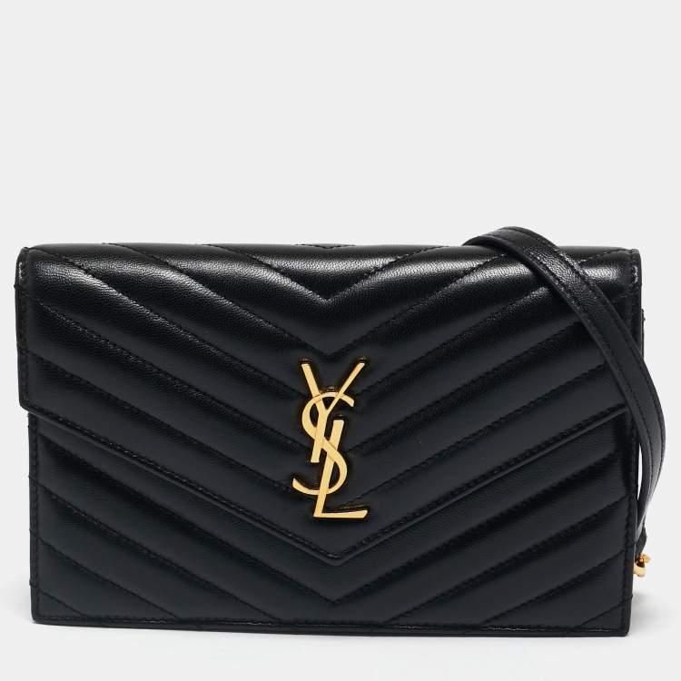 Pre Owned Saint Laurent Black Matelassé Leather Cassandre Envelope Wallet on Chain