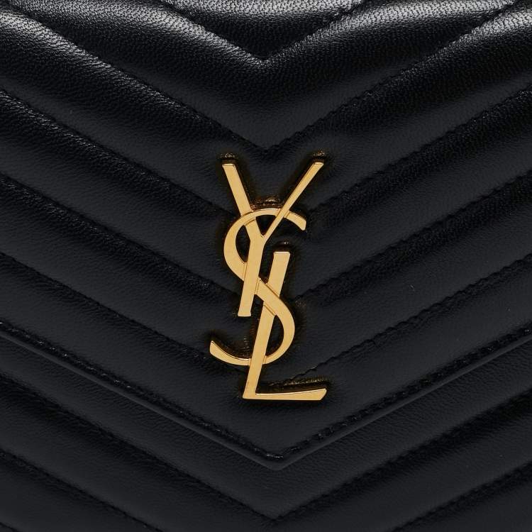Pre Owned Saint Laurent Black Matelassé Leather Cassandre Envelope Wallet on Chain