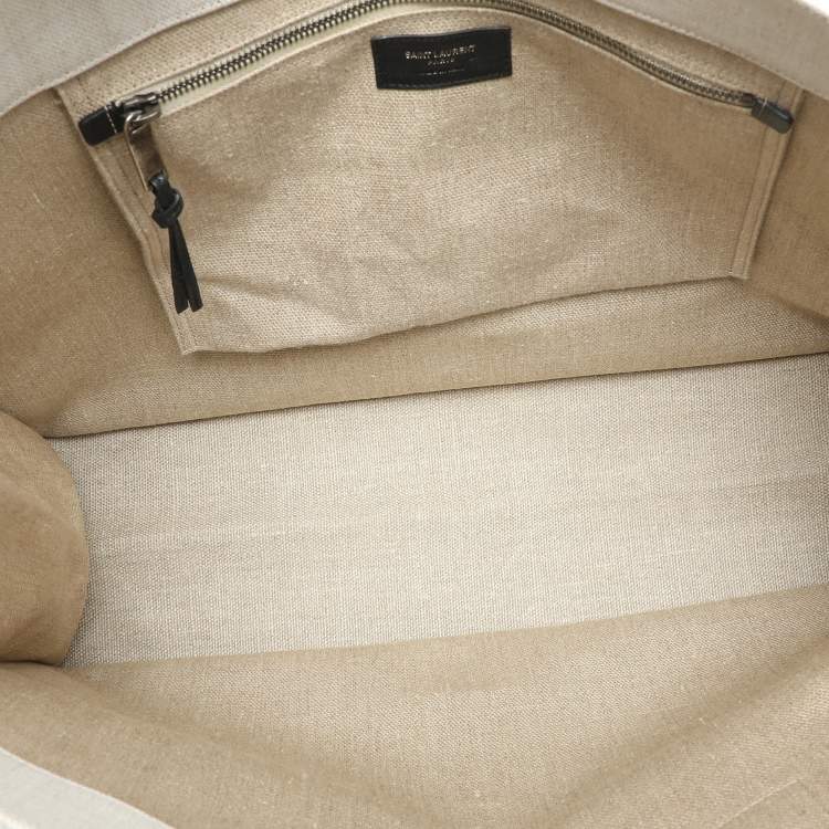 Pre Owned Saint Laurent Two Tone Beige Canvas Large Rive Gauche Tote