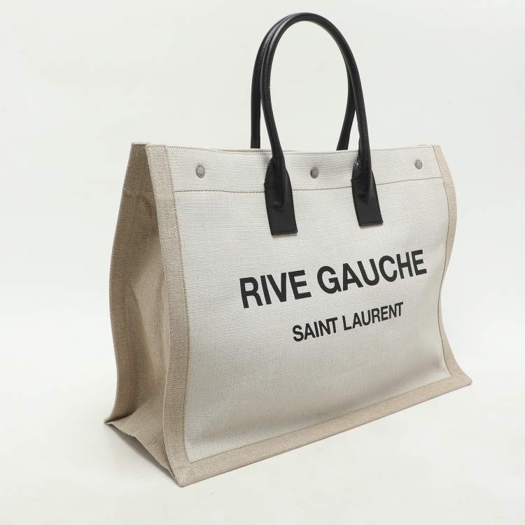 Pre Owned Saint Laurent Two Tone Beige Canvas Large Rive Gauche Tote