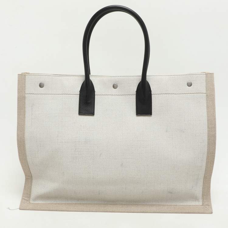 Pre Owned Saint Laurent Two Tone Beige Canvas Large Rive Gauche Tote