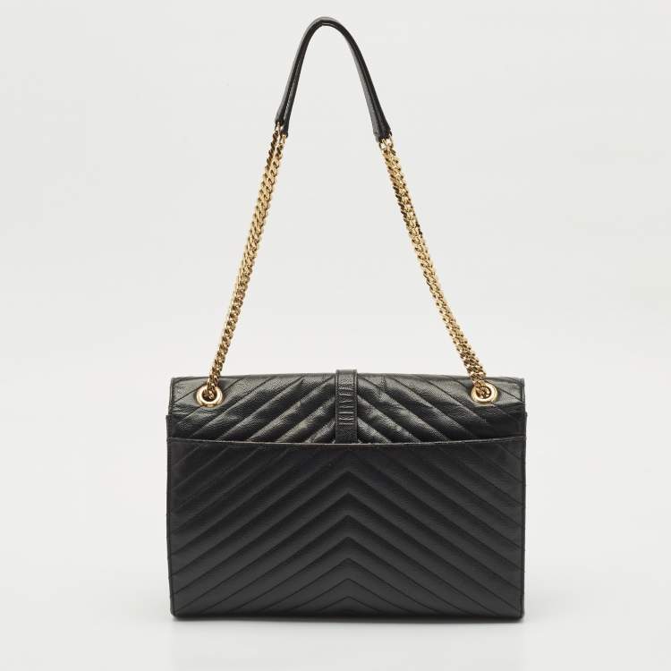 Pre Owned Saint Laurent Black Matelassé Leather Large Monogram Envelope Shoulder Bag