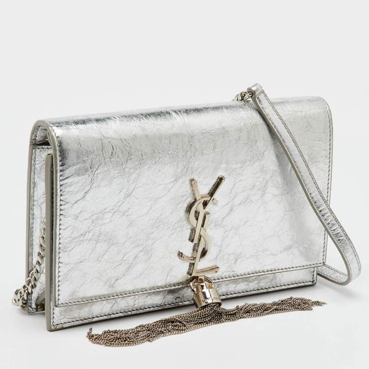 Pre Owned Saint Laurent Silver Crackled Leather Kate Tassel Wallet on Chain 