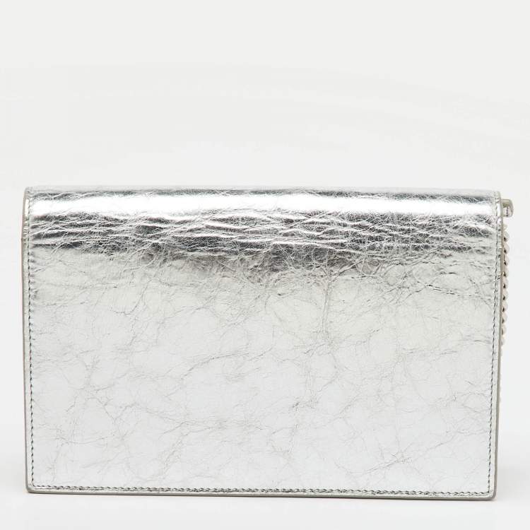 Pre Owned Saint Laurent Silver Crackled Leather Kate Tassel Wallet on Chain 
