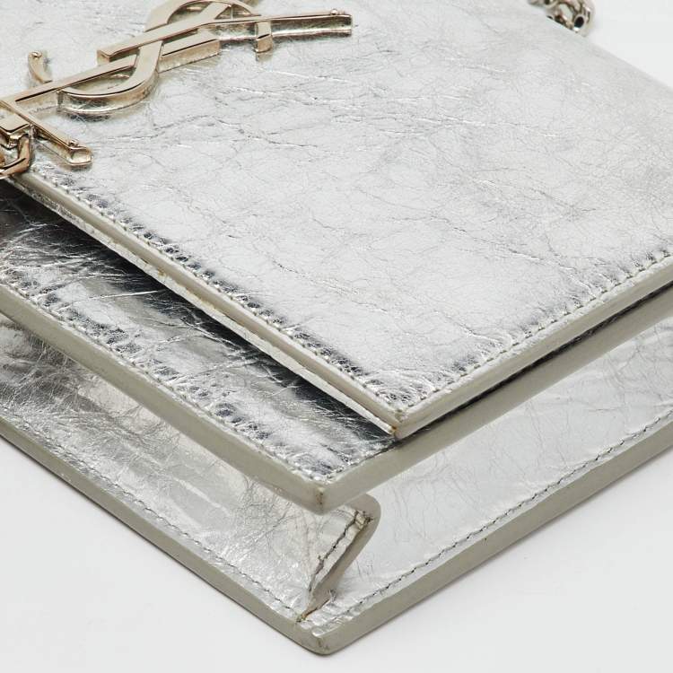 Pre Owned Saint Laurent Silver Crackled Leather Kate Tassel Wallet on Chain 