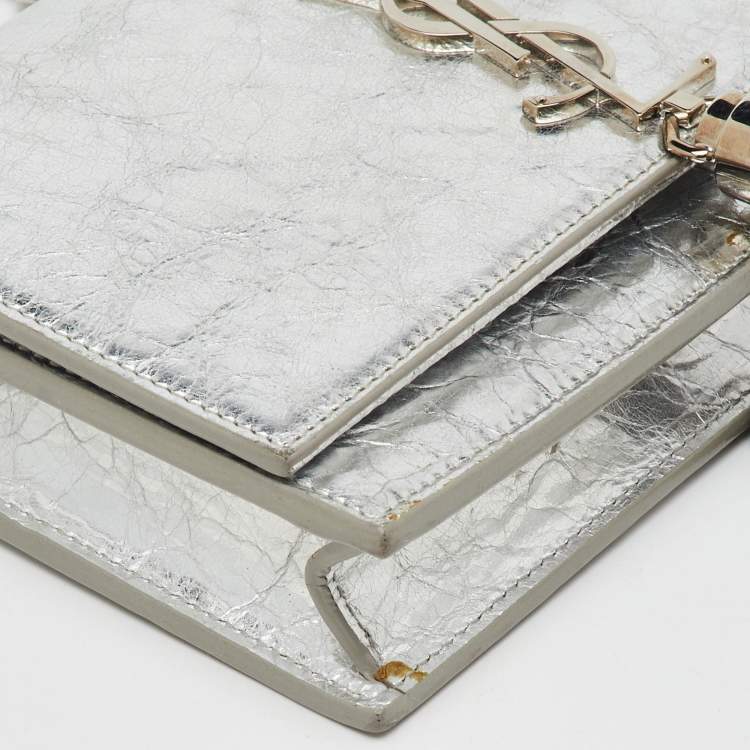 Pre Owned Saint Laurent Silver Crackled Leather Kate Tassel Wallet on Chain 