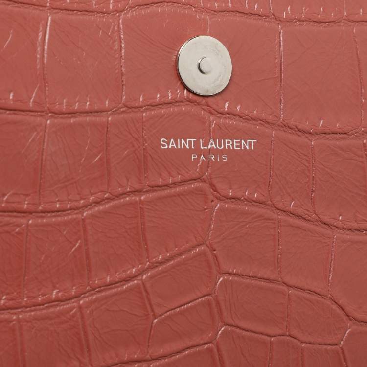 Pre Owned Saint Laurent Nude Rose Croc Embossed Leather Monogram Clutch 