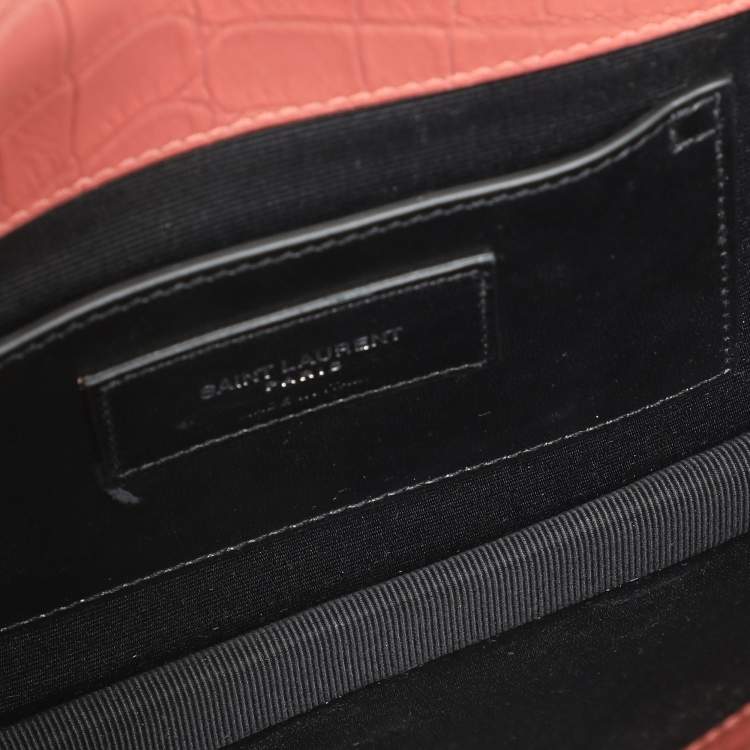 Pre Owned Saint Laurent Nude Rose Croc Embossed Leather Monogram Clutch 
